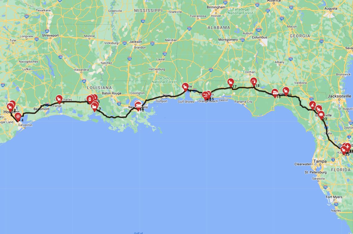Map for Houston to Orlando
